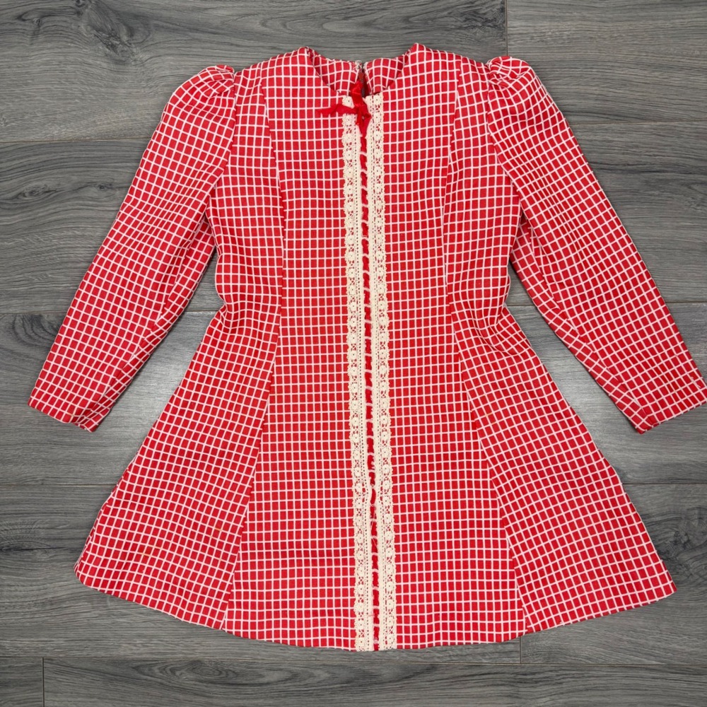 Vintage Handmade Red Gingham Lace Dress Cottagecore Girls Size 6/7 Prairie